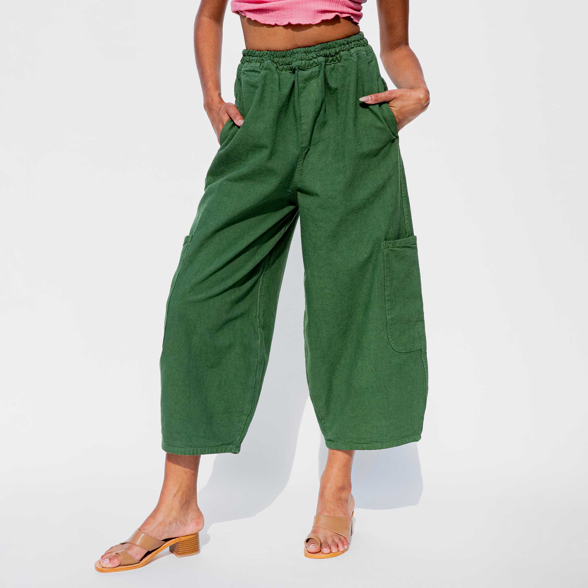 Detail shot of Meals Chef pant in Kale green.