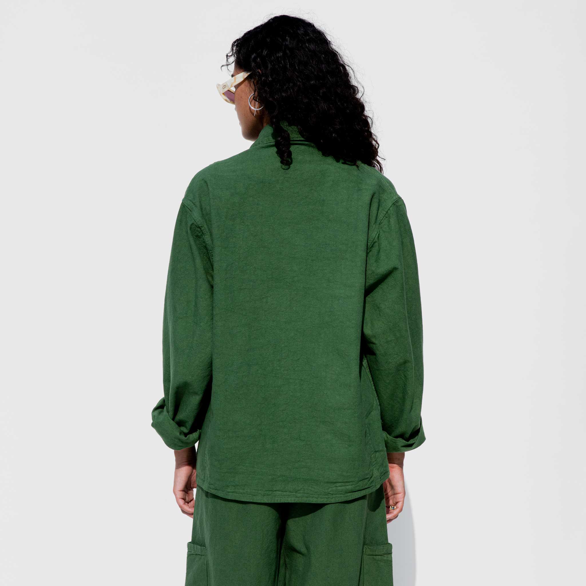 Detail back photo of Meals Forager Coat in Kale green.