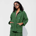 Detail front photo of Meals Forager Coat in Kale green.